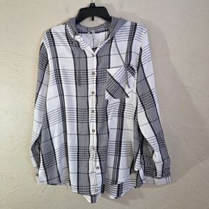 Mudd Juniors XXL Plaid Flannel button down Hoodie Shirt Black Gray Cotton Modal